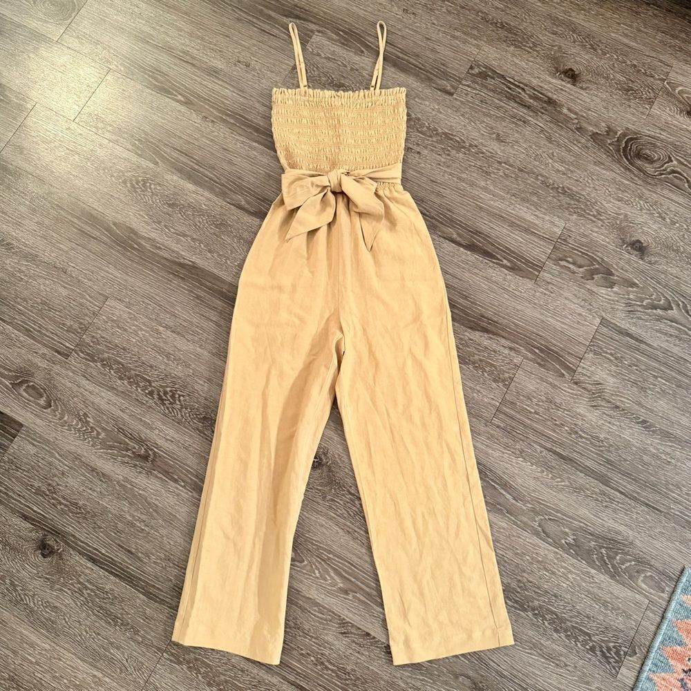 Intermix Tan Smocked Belted Jumpsuit